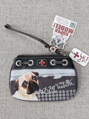 Fuzzy Nation Pug Dog Lover Wristlet Wallet, Charcoal Black, NWT